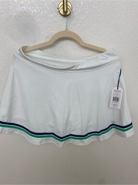 Women's White Tennis Skirt with Blue and Green Stripe